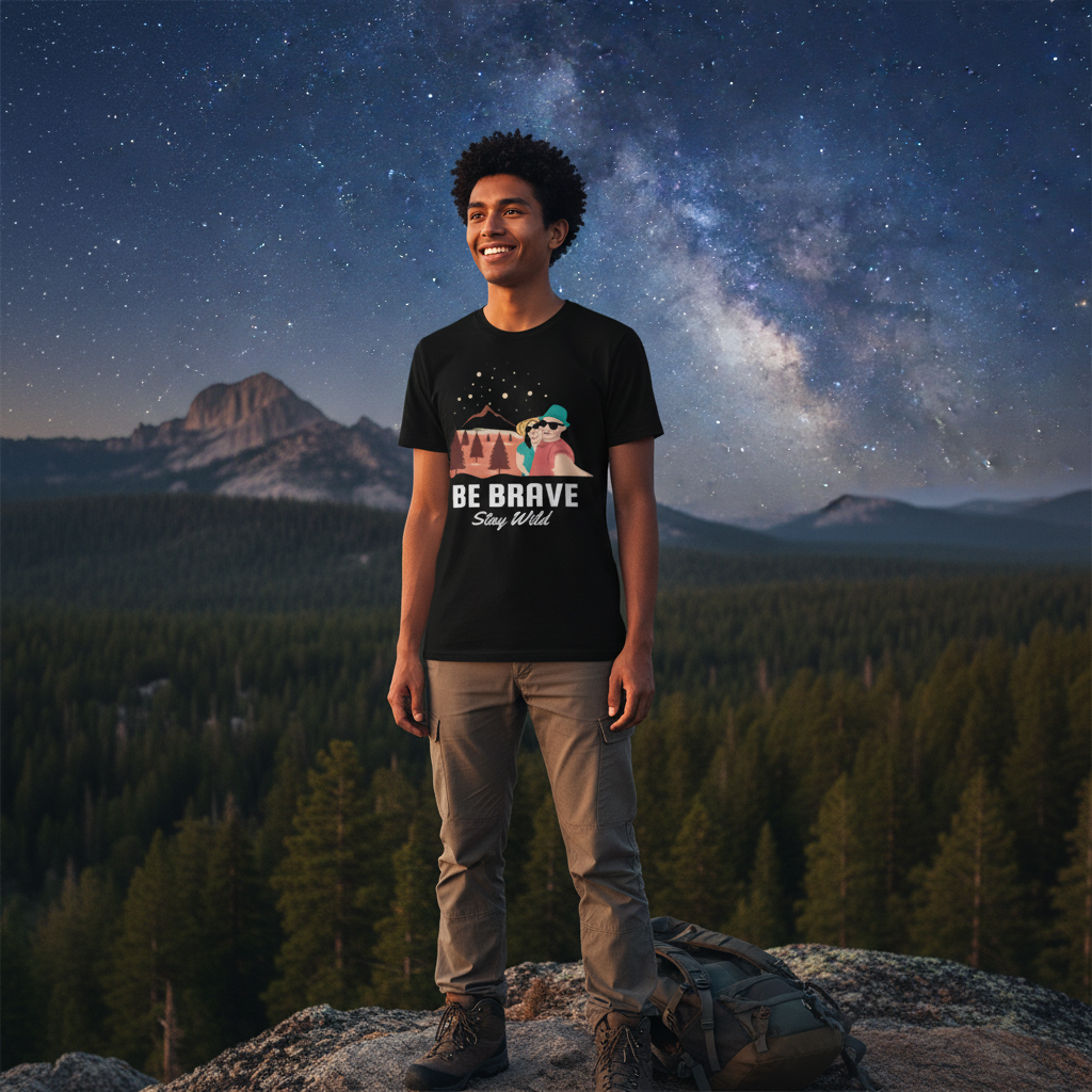 Be Brave Stay Wild Outdoor Couple Graphic Tee With Mountain Range And Pine Trees