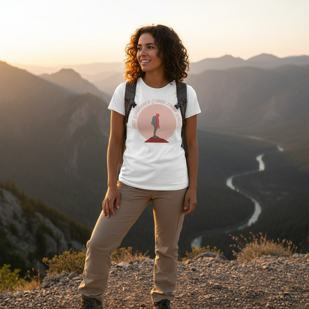 Outdoor Hiking Themed Unisex T Shirt With Adventurer Silhouette And Peach Circle Backdrop