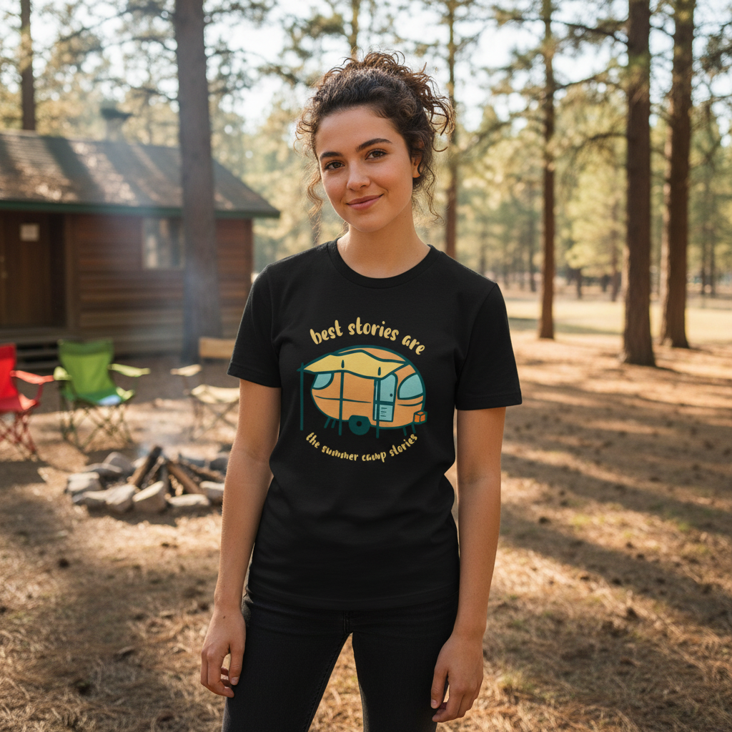Unisex Camping Themed T Shirt With Vintage Camper Trailer Illustration And Summer Camp Memories