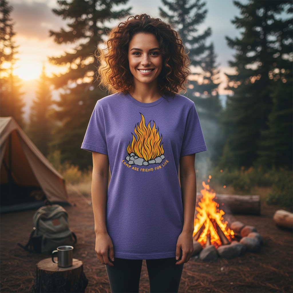 Unisex Campfire Graphic Tee With Flame Design And Rock Fire Pit For Outdoor Adventures