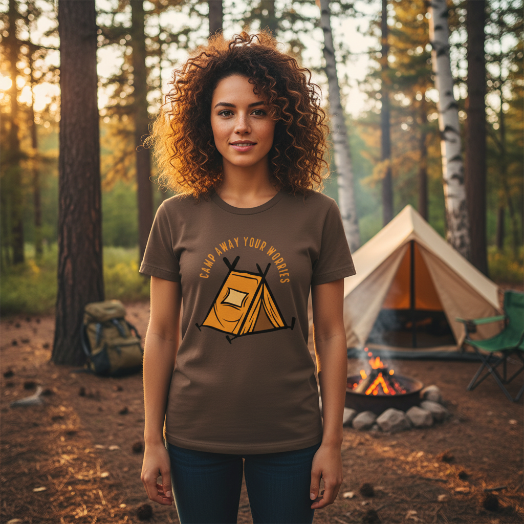 Unisex Outdoor Camping T Shirt With Tent Illustration And Camp Away Your Worries Slogan