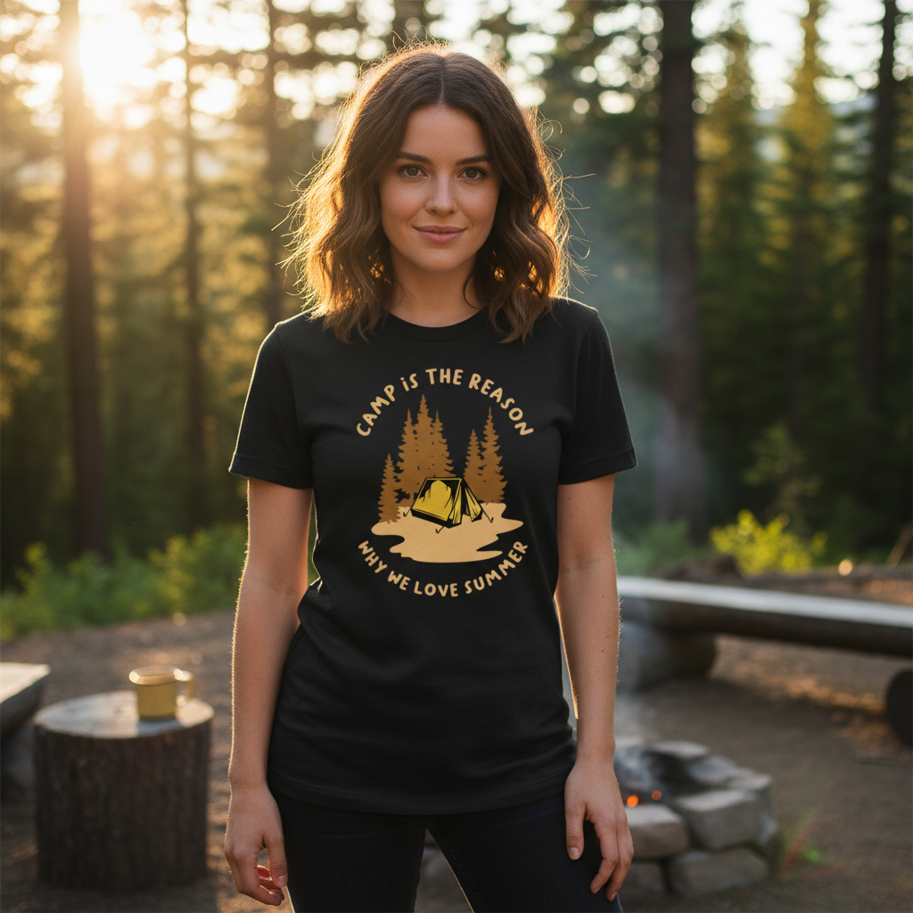 Outdoor Camping Themed Unisex T Shirt With Tent And Pine Forest Illustration For Adventure Lovers
