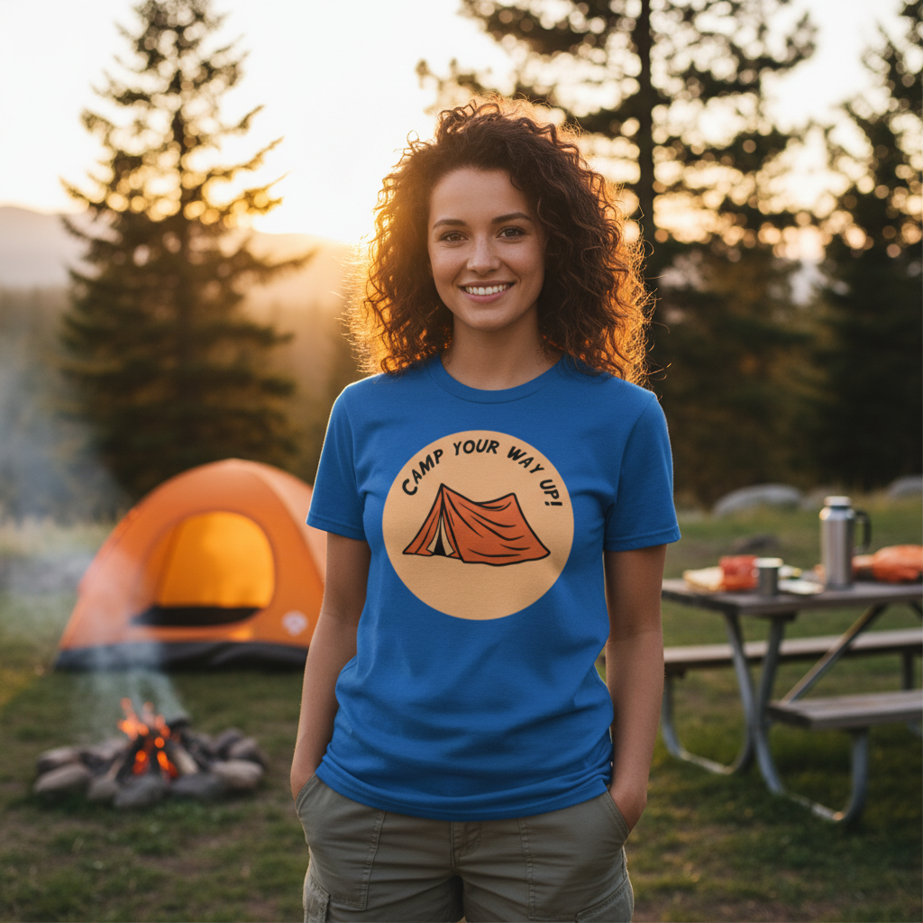Unisex Outdoor Camping Tee With Circular Orange Tent Graphic and Adventure Theme