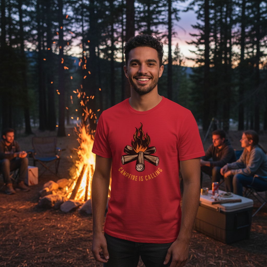 Unisex Campfire Graphic T Shirt With Log Pile And Flames For Outdoor Adventures Enthusiasts