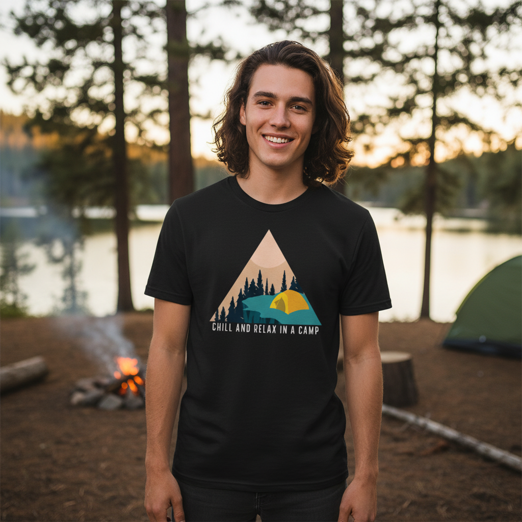 Unisex Outdoor Camping Graphic Tee With Tent And Pine Forest Scene For Hiking Trips