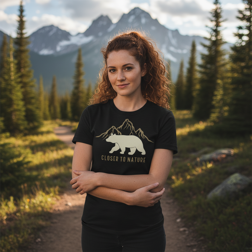 Bear And Mountain Graphic T Shirt With Closer To Nature Motto For Outdoors Lovers