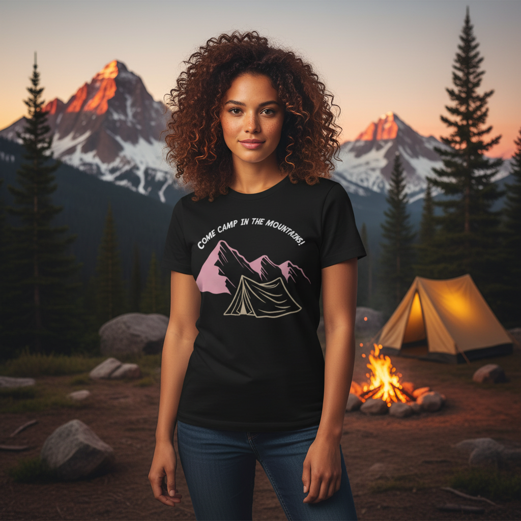 Unisex Outdoor Camping Graphic Tee With Mountain Range Tent Illustration And Arching Text