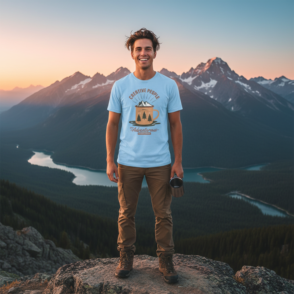 Unisex Outdoor Adventure T Shirt With Creative People Are Adventurous Mountain Mug And Forest Trees Graphic