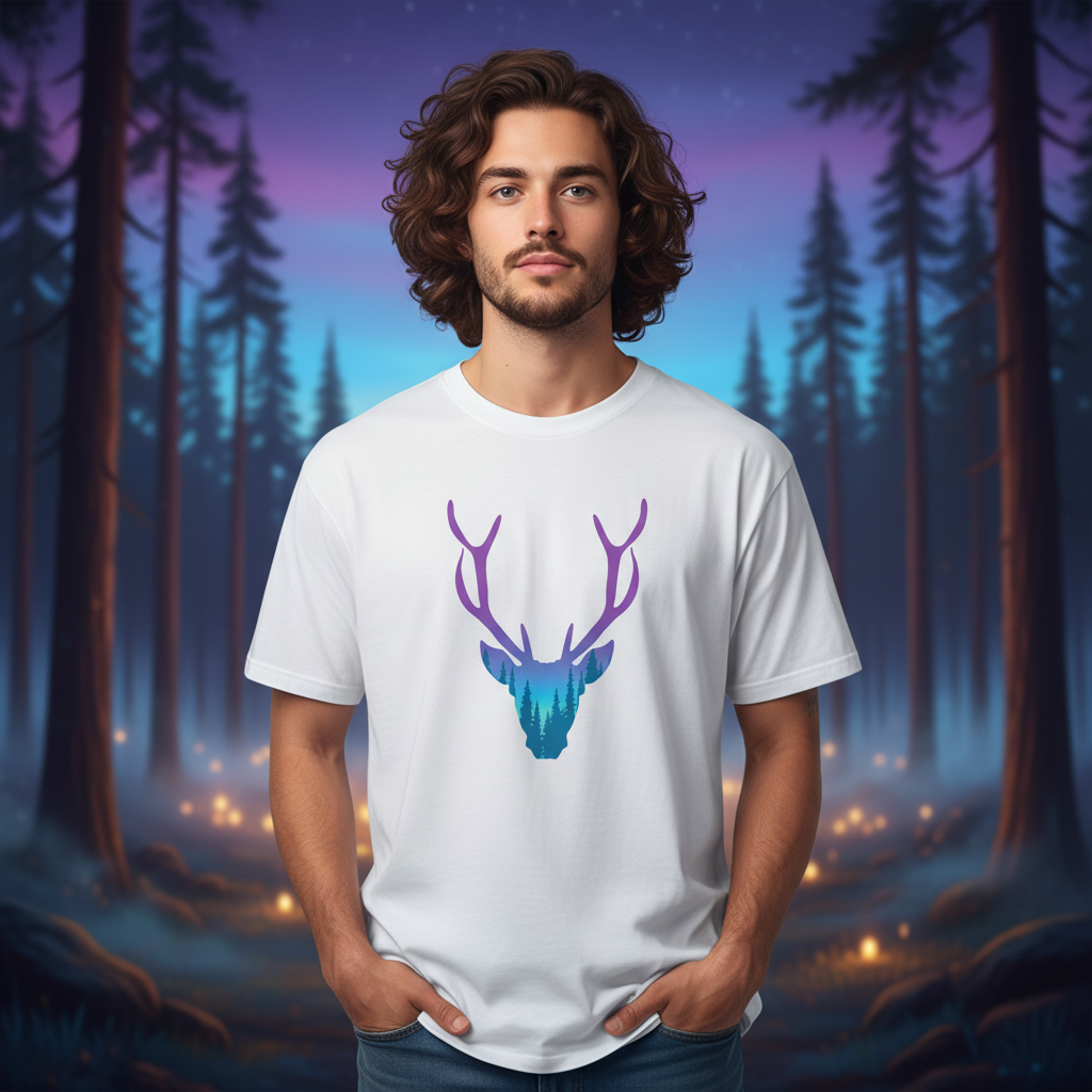Unisex Graphic T Shirt With Purple To Teal Gradient Deer Head And Forest Landscape Antler Design