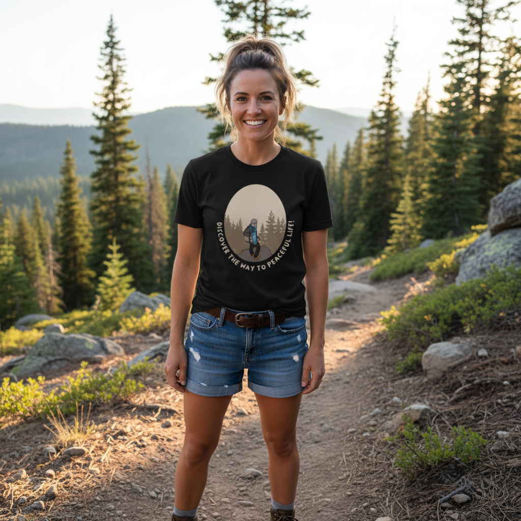 Unisex Outdoor Hiking Graphic T Shirt With Forest Circular Design And Peaceful Life Text