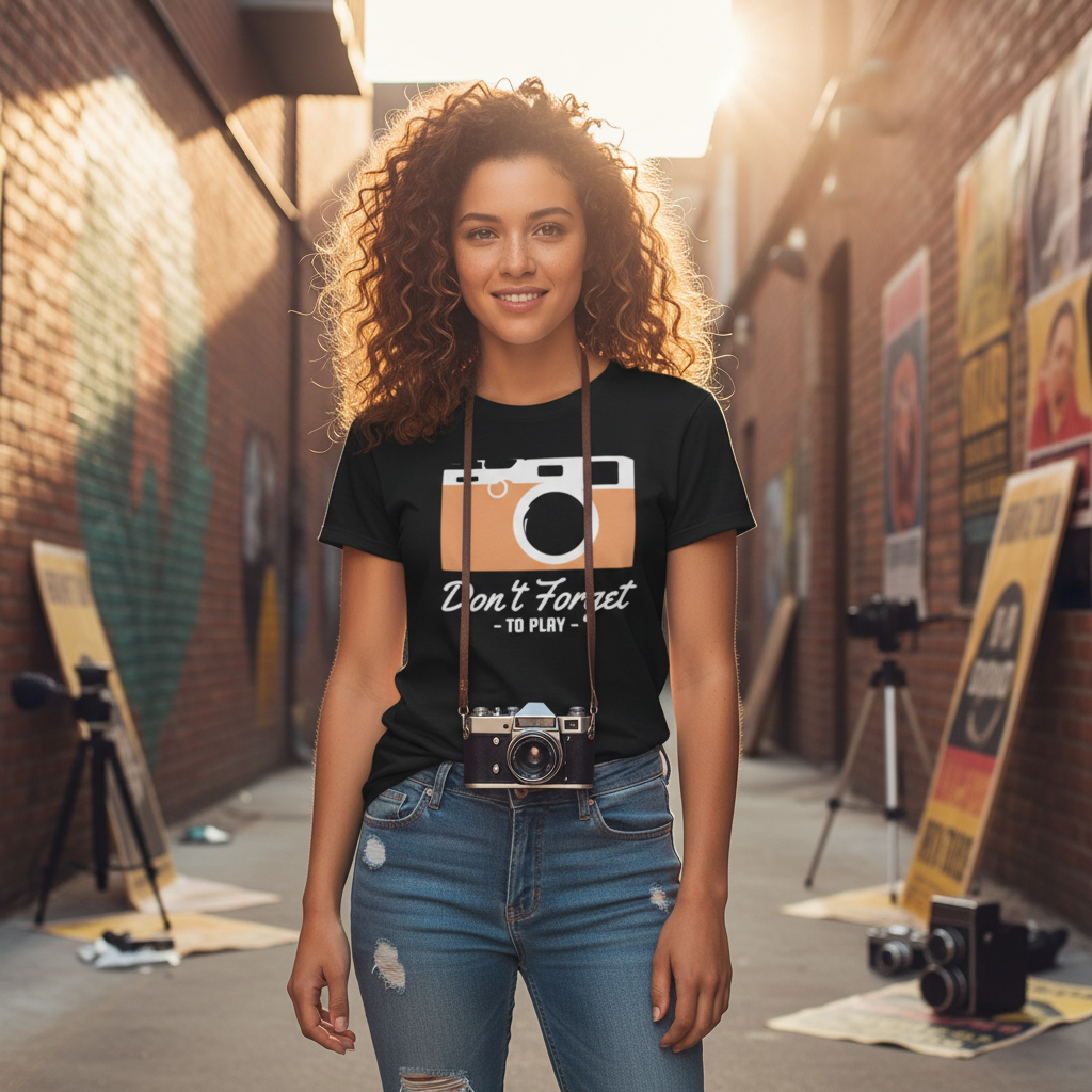 Unisex Camera Graphic Tee Featuring Dont Forget To Play Message And Retro Style Look