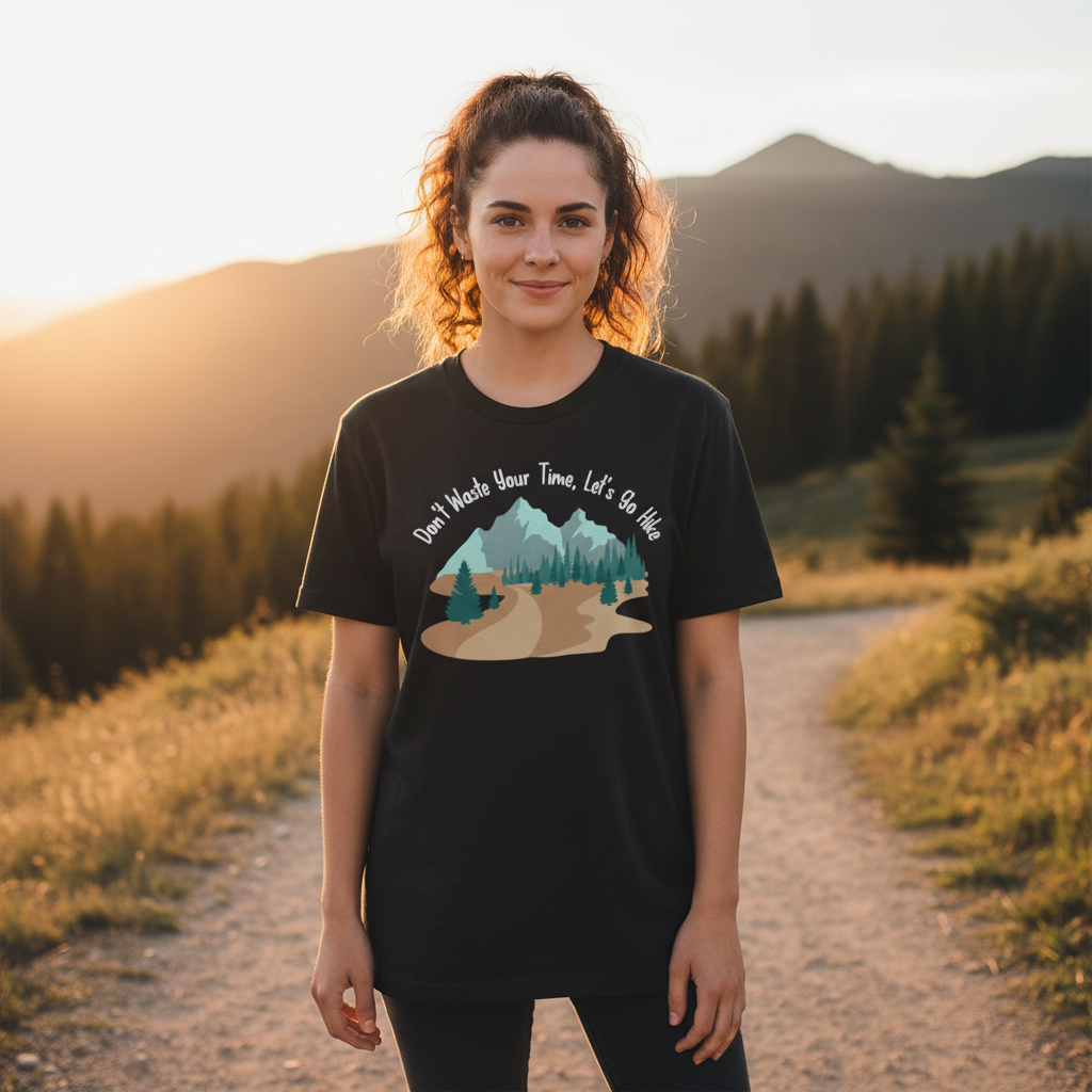 Unisex Outdoor Landscape Graphic Tee With Mountain Trail Forest Scene In Soft Colors
