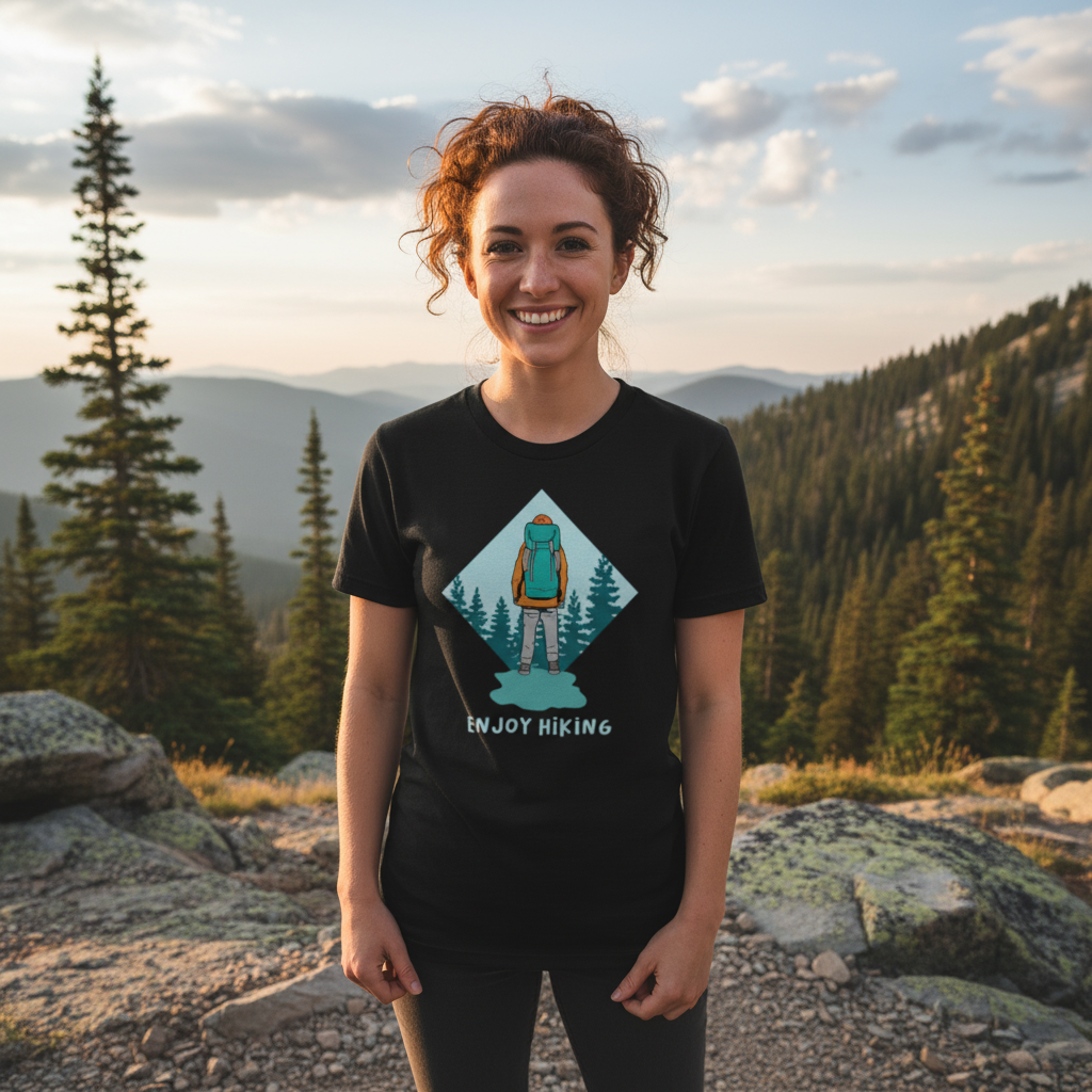 Unisex Hiking Graphic Tee With Backpacker Silhouette Inside Diamond Mountain Forest Scene