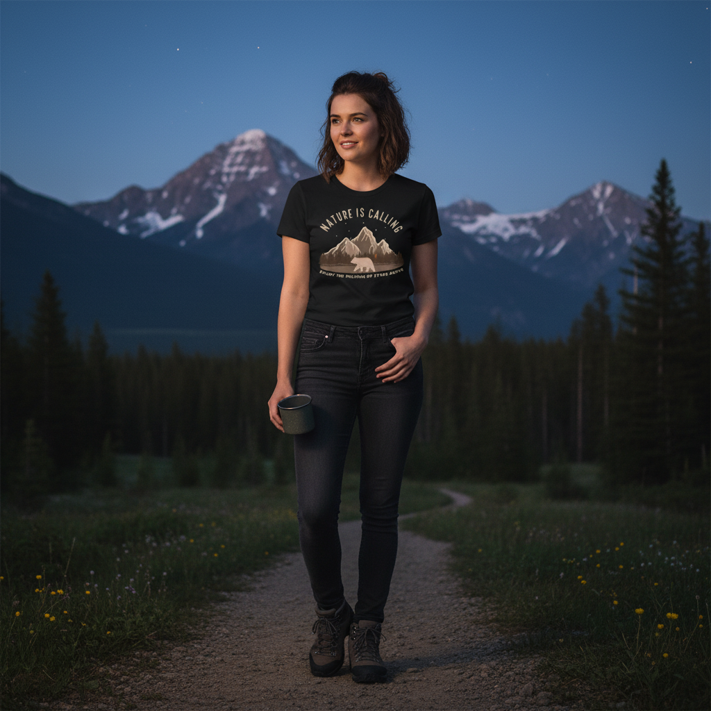Unisex Outdoor Adventure T Shirt With Mountain Range Bear Graphic And Nature Is Calling