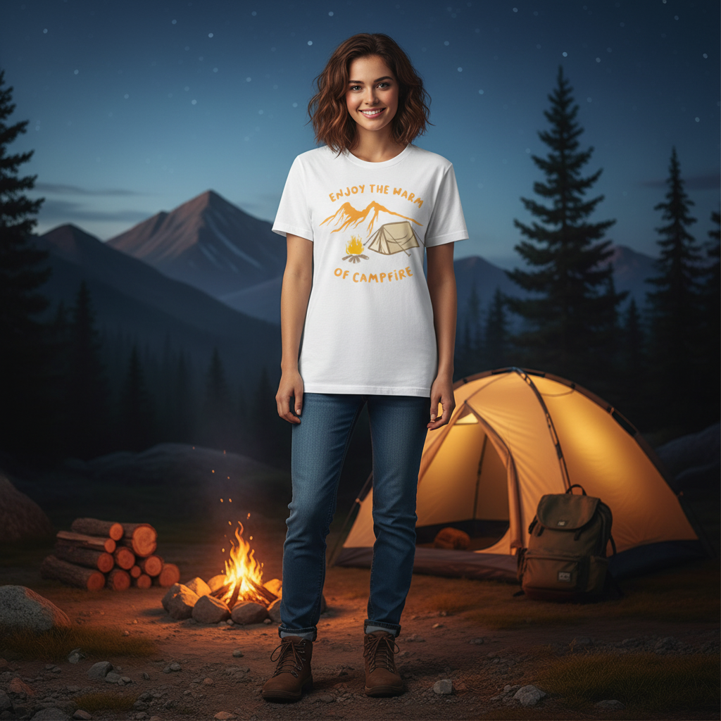 Outdoor Camping Themed T Shirt With Tent And Campfire Illustration For Unisex Adults