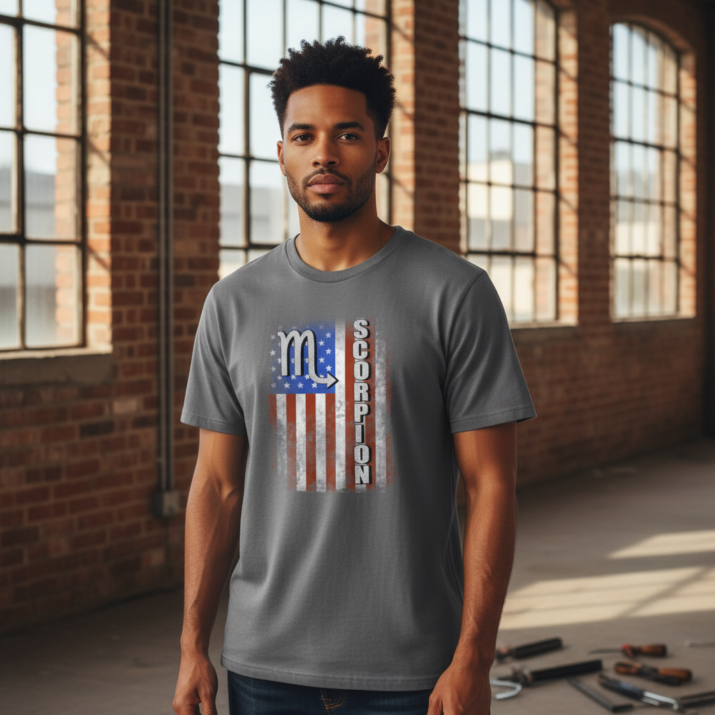 Unisex Scorpio Zodiac T Shirt With Distressed American Flag Graphic Design For Enthusiasts
