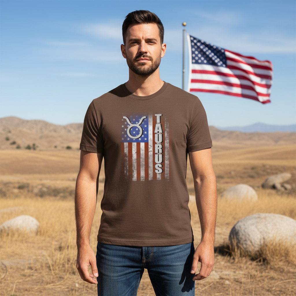 Taurus Zodiac Flag Graphic Tee For Unisex Adults Featuring Star Spangled Design