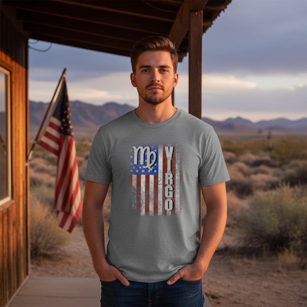 Virgo Zodiac Flag Graphic Unisex T-Shirt With Distressed American Flag Style Stripes