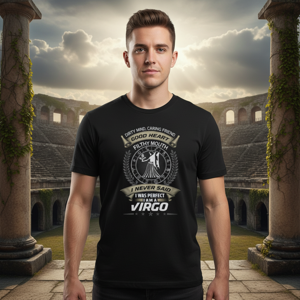 Virgo Zodiac Graphic Unisex T Shirt With Ornate Emblem And Motivational Seal Text