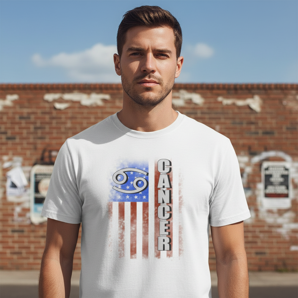 Cancer Zodiac Unisex T Shirt With Grunge American Flag And Vertical Cancer Text Graphic