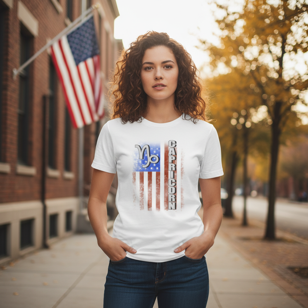 Capricorn Zodiac Graphic Tee With USA Flag Design For Unisex Adults Comfort Fit Casual Wear