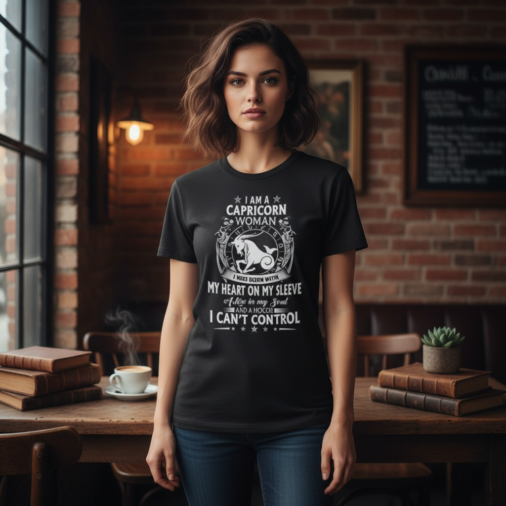 Capricorn Woman Zodiac Graphic T Shirt With Heart On Sleeve And Symbolic Art Design