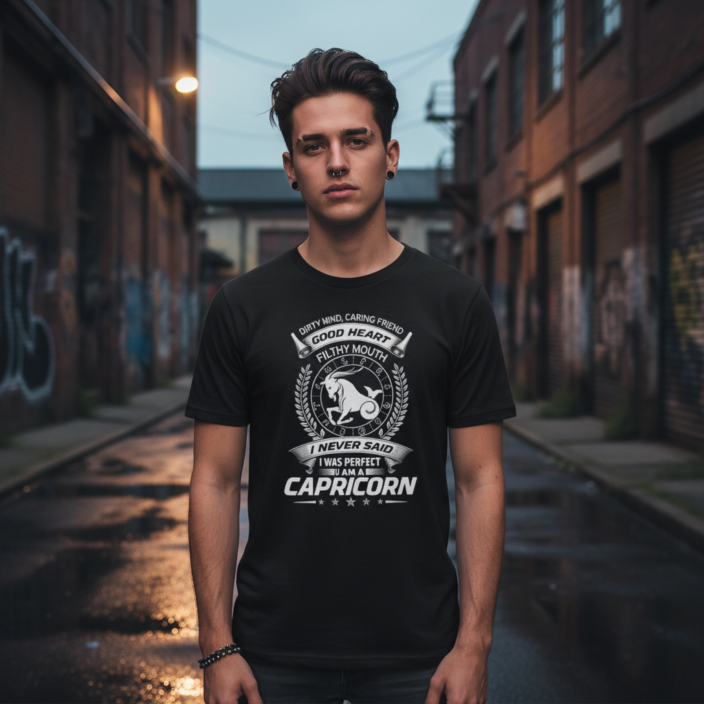 Capricorn Zodiac Unisex Graphic T Shirt With Emblem Crest And Motivational Text For Everyday Wear
