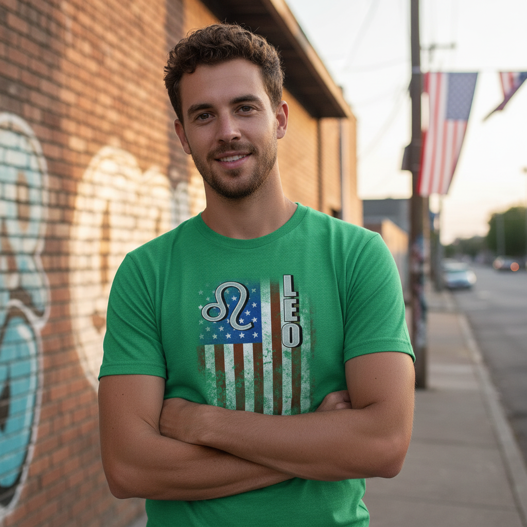 Leo Zodiac Sign Unisex T Shirt With American Flag Graphic And Distressed Print On Tee