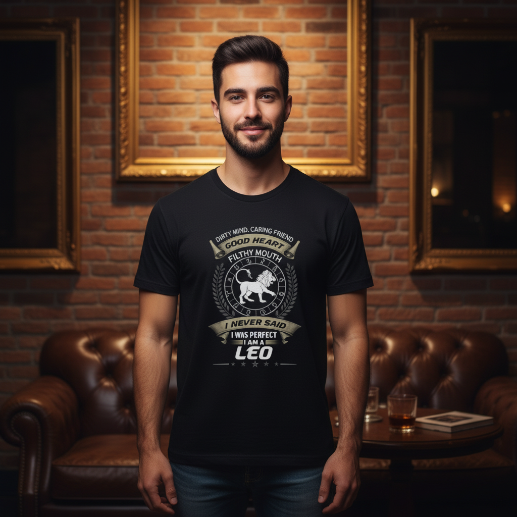 Leo Zodiac Sign Graphic Unisex T Shirt With Emblem Laurel Wreath And Star Accents