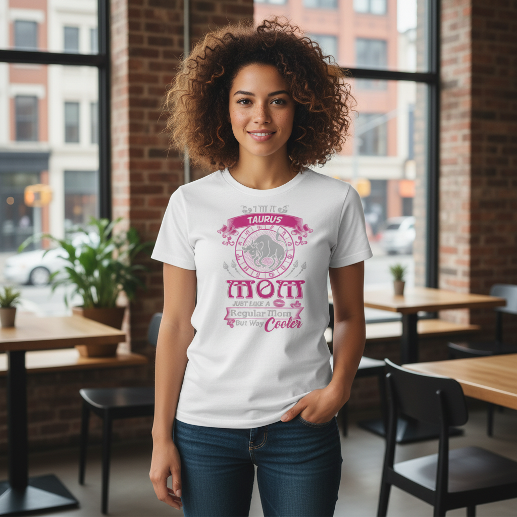 Taurus Zodiac Mom Graphic T Shirt Unisex Tee With Pink Emblem And Slogan Just Like A Regular Mom But Way Cooler