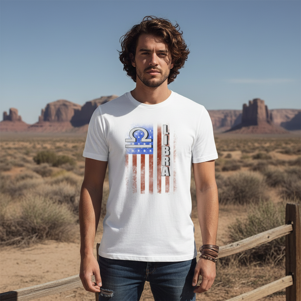 Libra Zodiac Graphic Tee With American Flag Design For Unisex Short Sleeve Shirt Collection