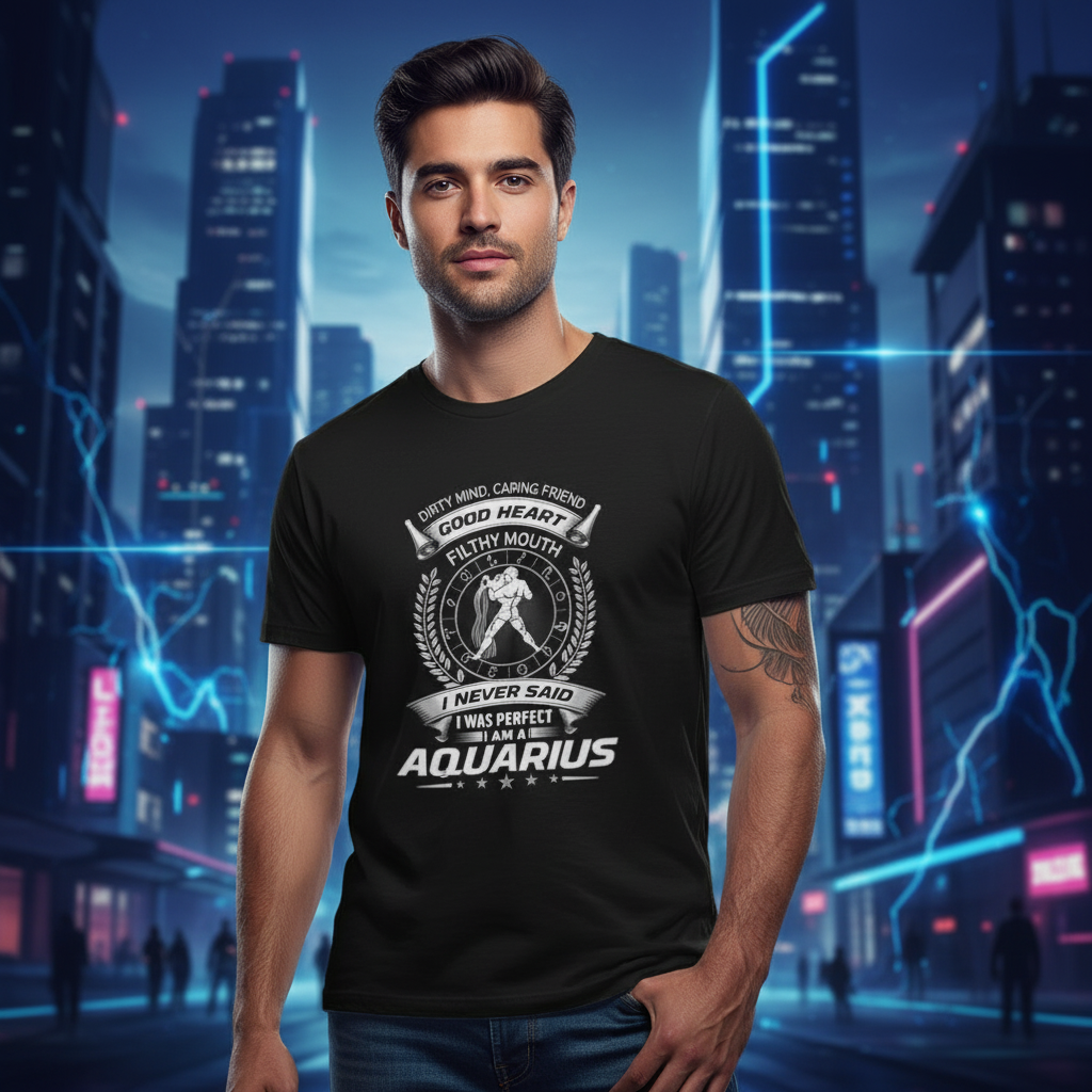 Unisex Aquarius Zodiac Graphic T Shirt With Celestial Emblem And Vintage Style Stars