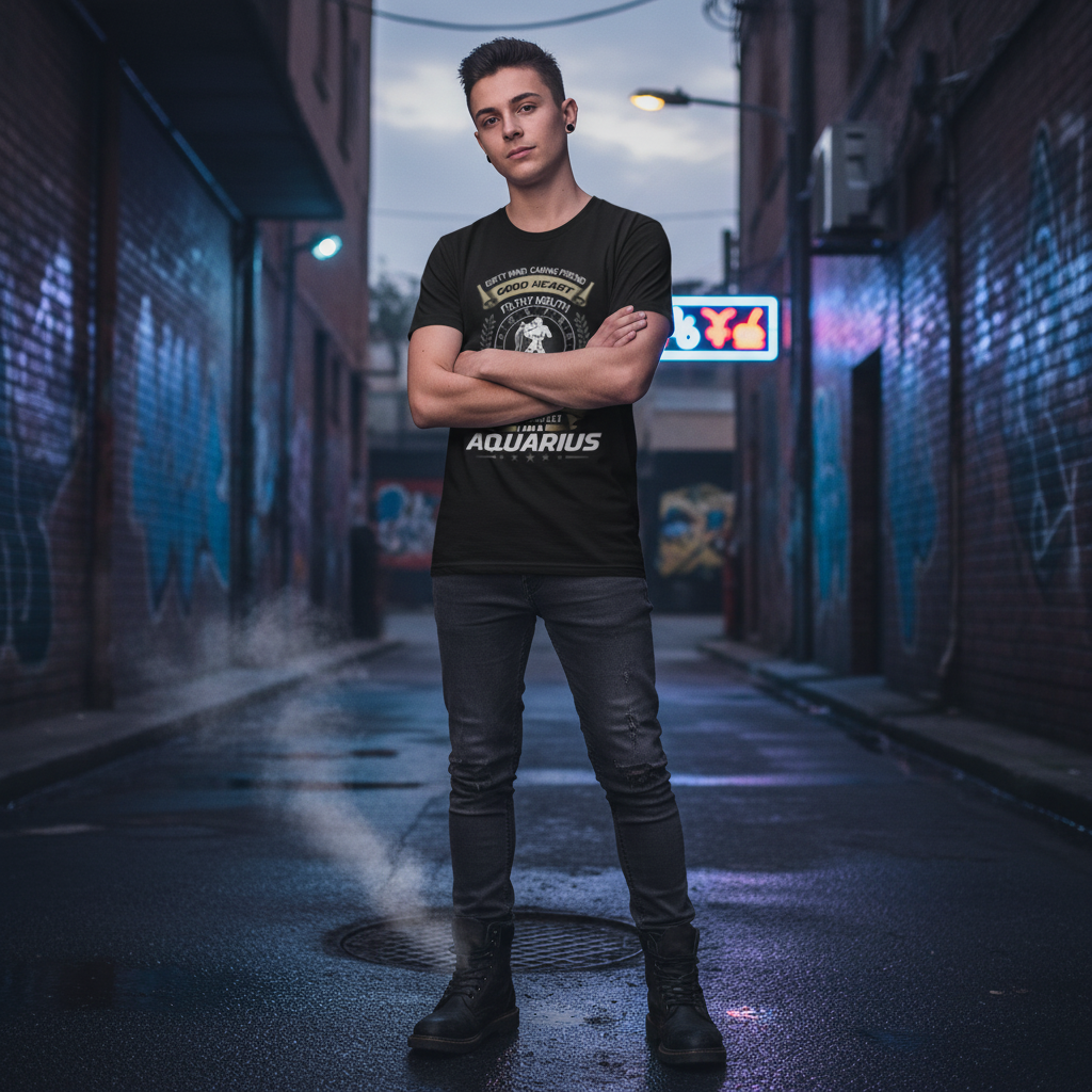 Aquarius Zodiac Unisex Graphic Tee With Crest Emblem And Laurel Wreath Design For Fans