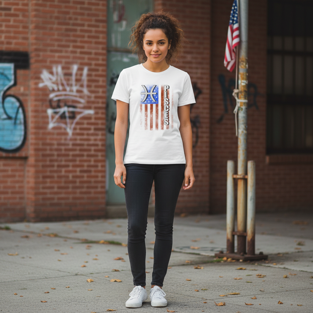Pisces Zodiac Flag Graphic T Shirt Unisex Distressed American Flag Design Graphic Tee