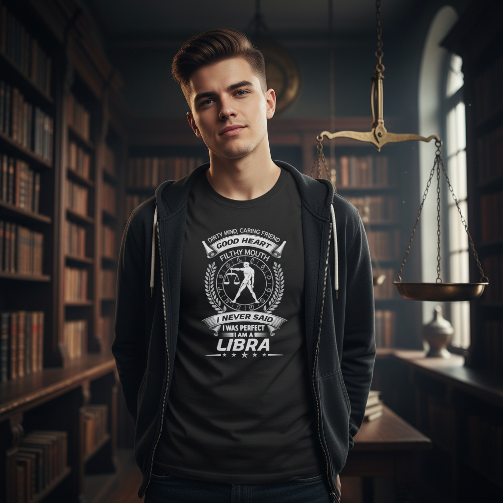 Libra Zodiac Graphic T Shirt With Crest And Motivational Motto For Men And Women Unisex Casual Wear