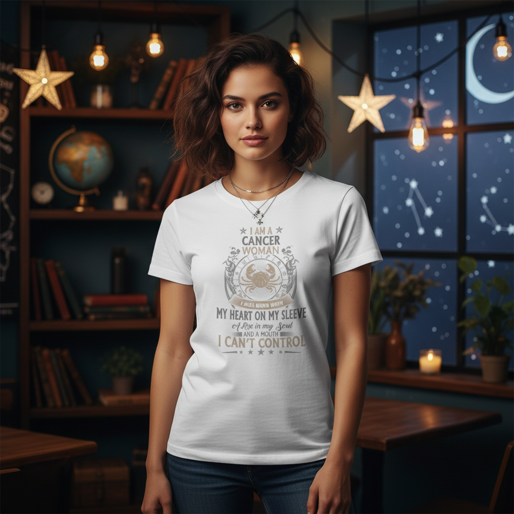 Cancer Woman Zodiac T Shirt With Heart On Sleeve Design