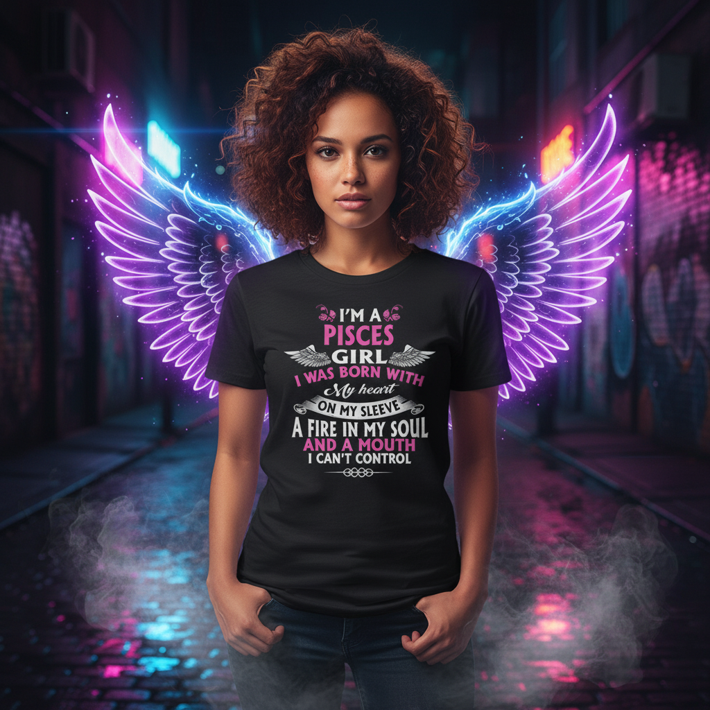Pisces Zodiac Unisex Graphic T Shirt With Pink Script Wing Accent Design And Casual Fit