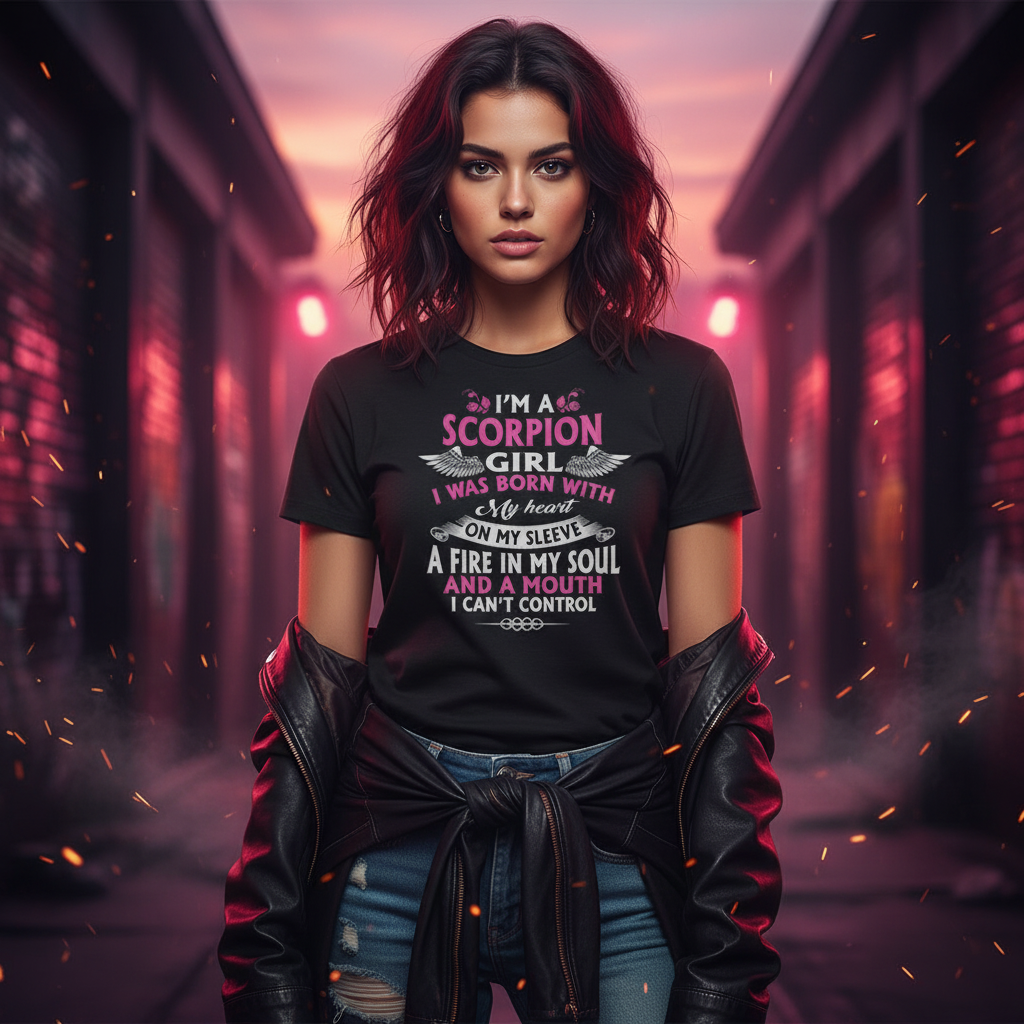 Scorpion Girl Zodiac T Shirt I Was Born With My Heart On My Sleeve A Fire In My Soul And A Mouth I Can't Control