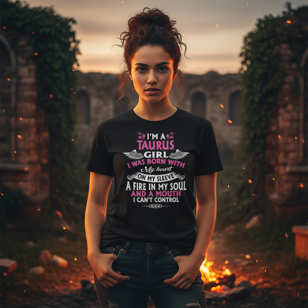 Taurus Girl Graphic Tee With Zodiac Design And The Quote I Was Born With My Heart On My Sleeve