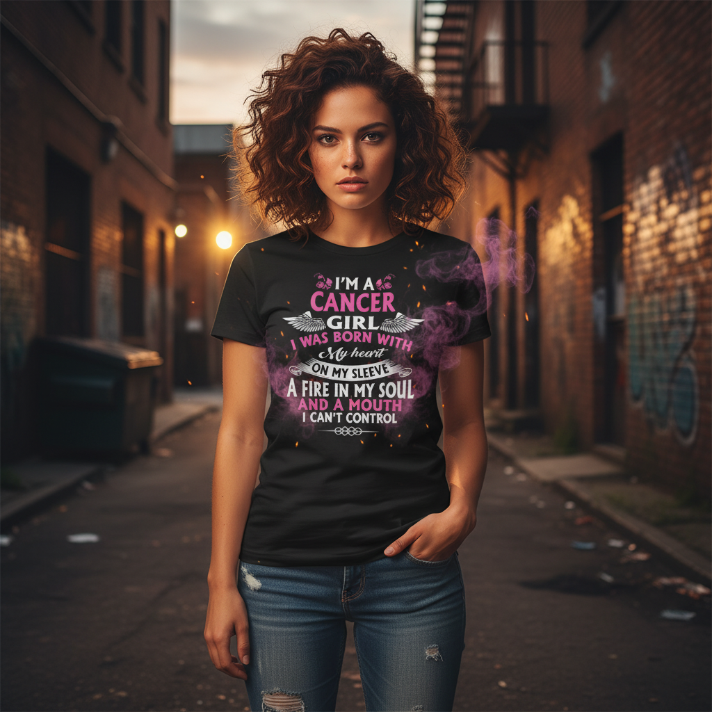 Zodiac Cancer Girl Unisex Graphic T Shirt With Winged Heart Bold Pink Text Front Print