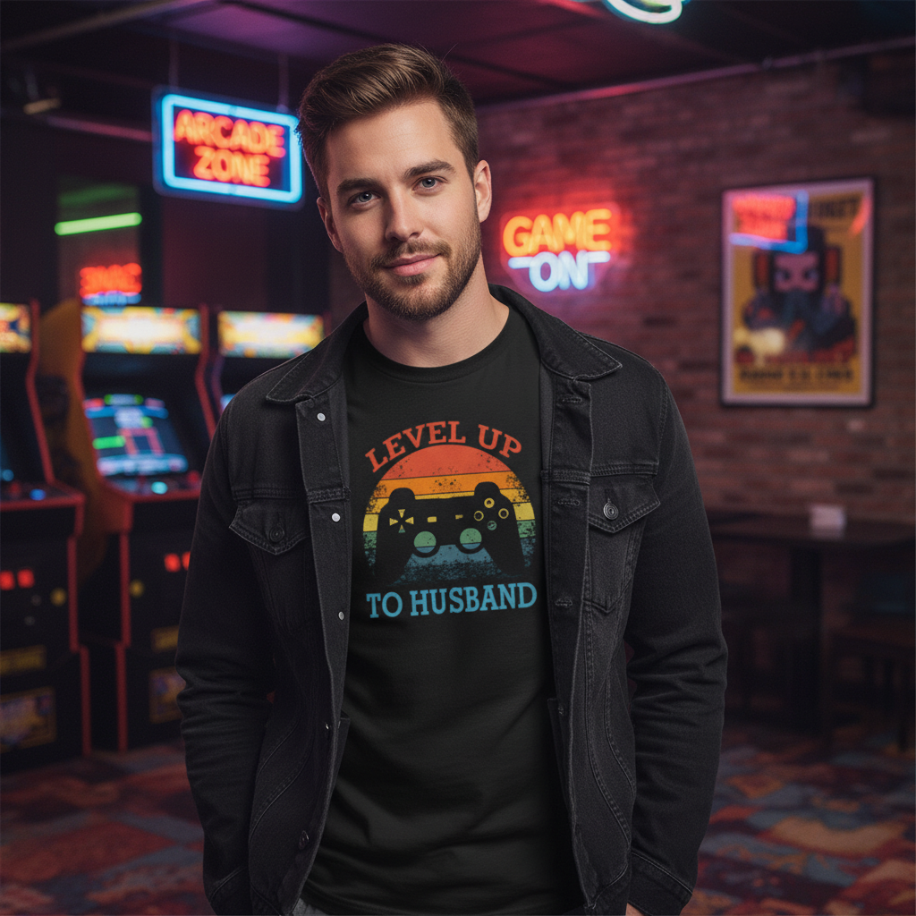 Unisex Gamer Graphic T-Shirt With Level Up To Husband Rainbow Controller Design Art