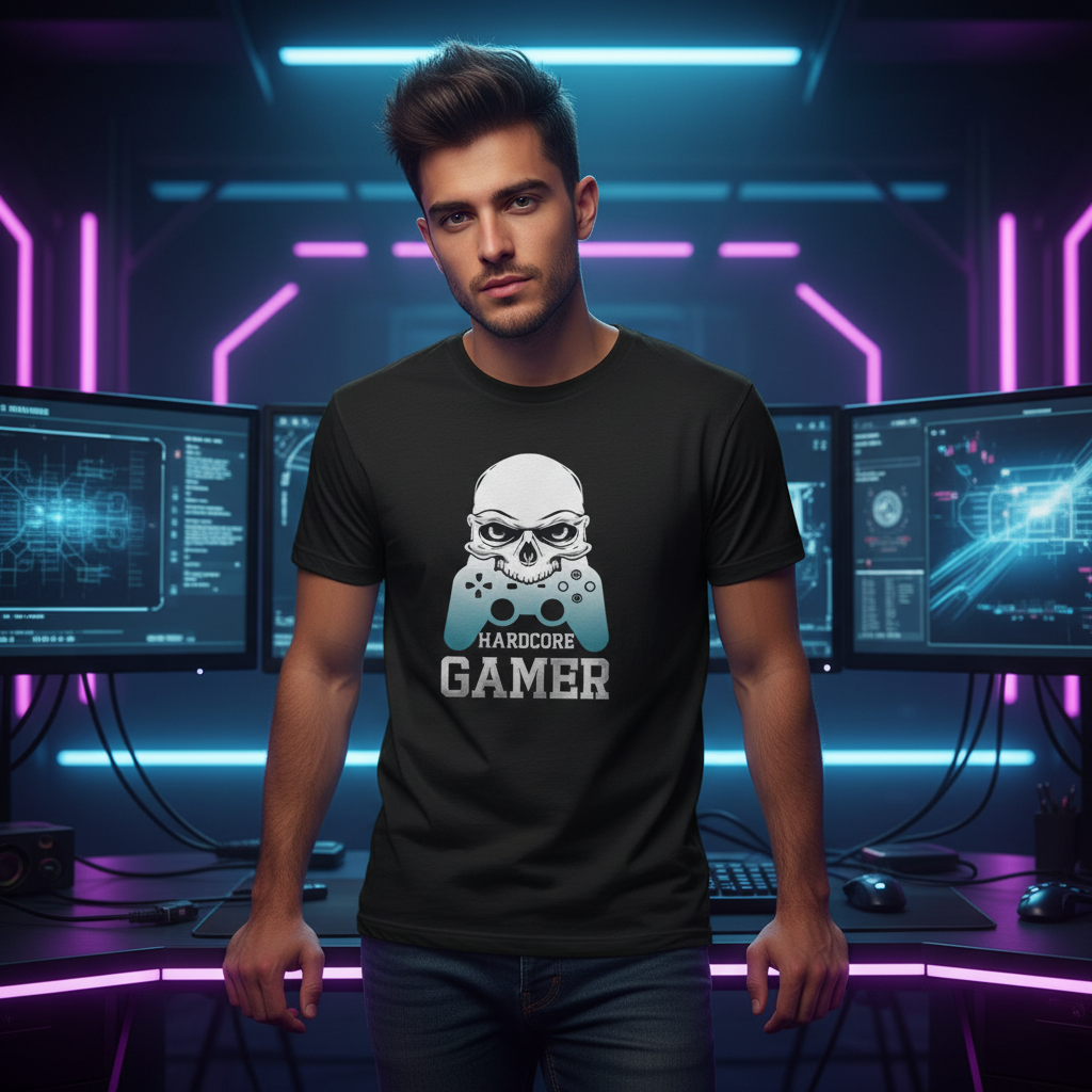 Unisex Graphic T Shirt With Skull Mascot And Game Controller Silhouette Hardcore Gamer Text