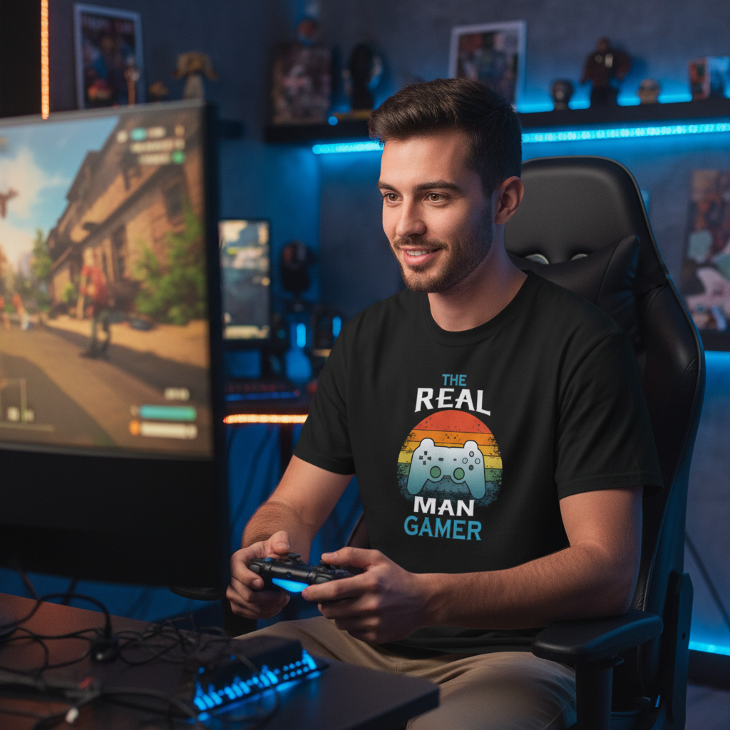 Unisex The Real Man Gamer Graphic T Shirt With Retro Rainbow Sunset And Controller