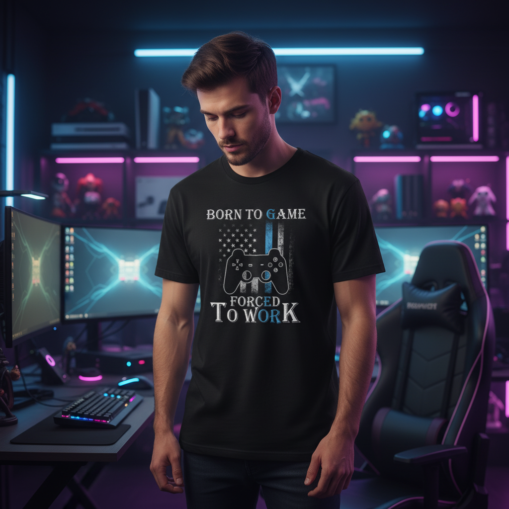 Born To Game Forced To Work Unisex Graphic T Shirt With Controller And American Flag Accent