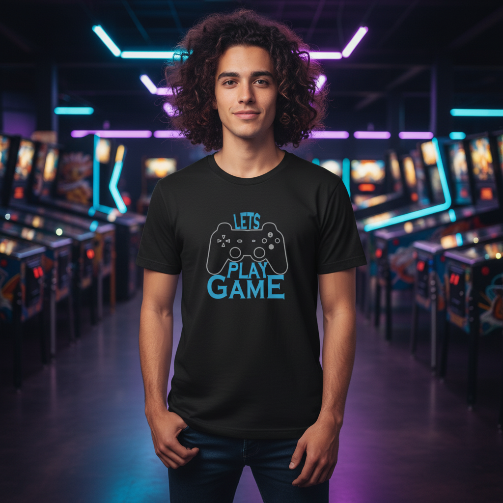 Unisex Graphic Tee Featuring Let's Play Game Controller Design In Blue For Casual Wear