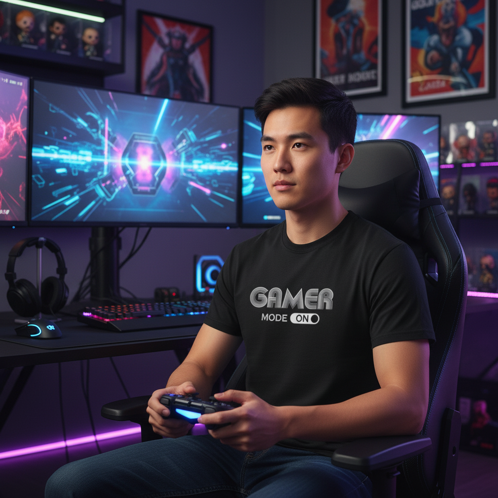 Gamer Mode On Graphic T Shirt For Men Women Unisex Casual Tee With Stylized Line Art Print