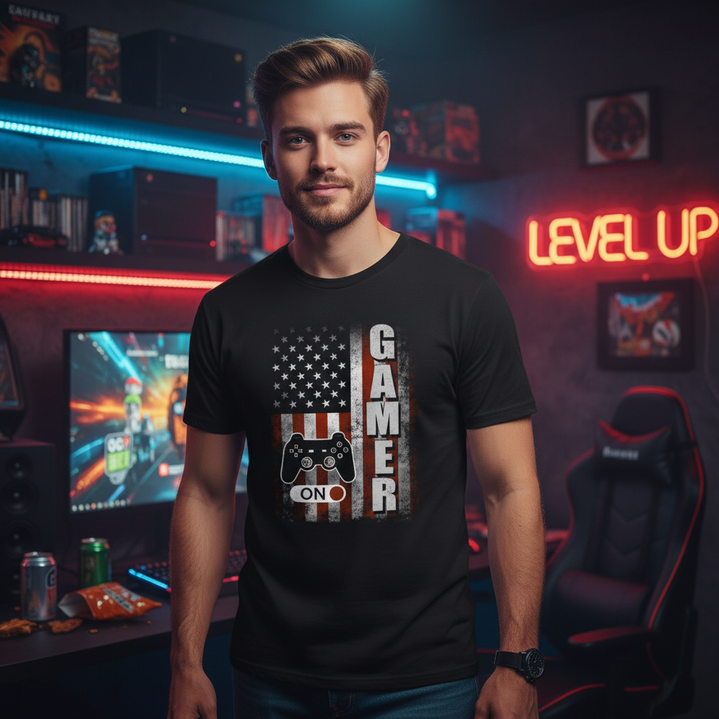 Graphic Gamer Unisex T Shirt With Flag And Controller Design