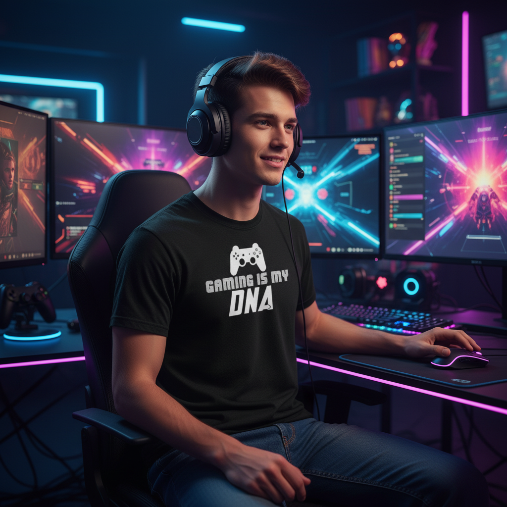 Gaming Is My DNA Unisex Graphic T Shirt With Game Controller Emblem For Gamers And Esports Fans