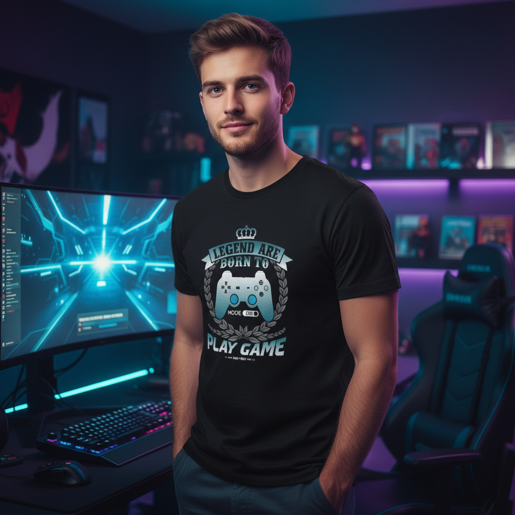 Gamer Unisex Graphic T Shirt Featuring Legend Are Born To Play Game Emblem And Laurel Wreath