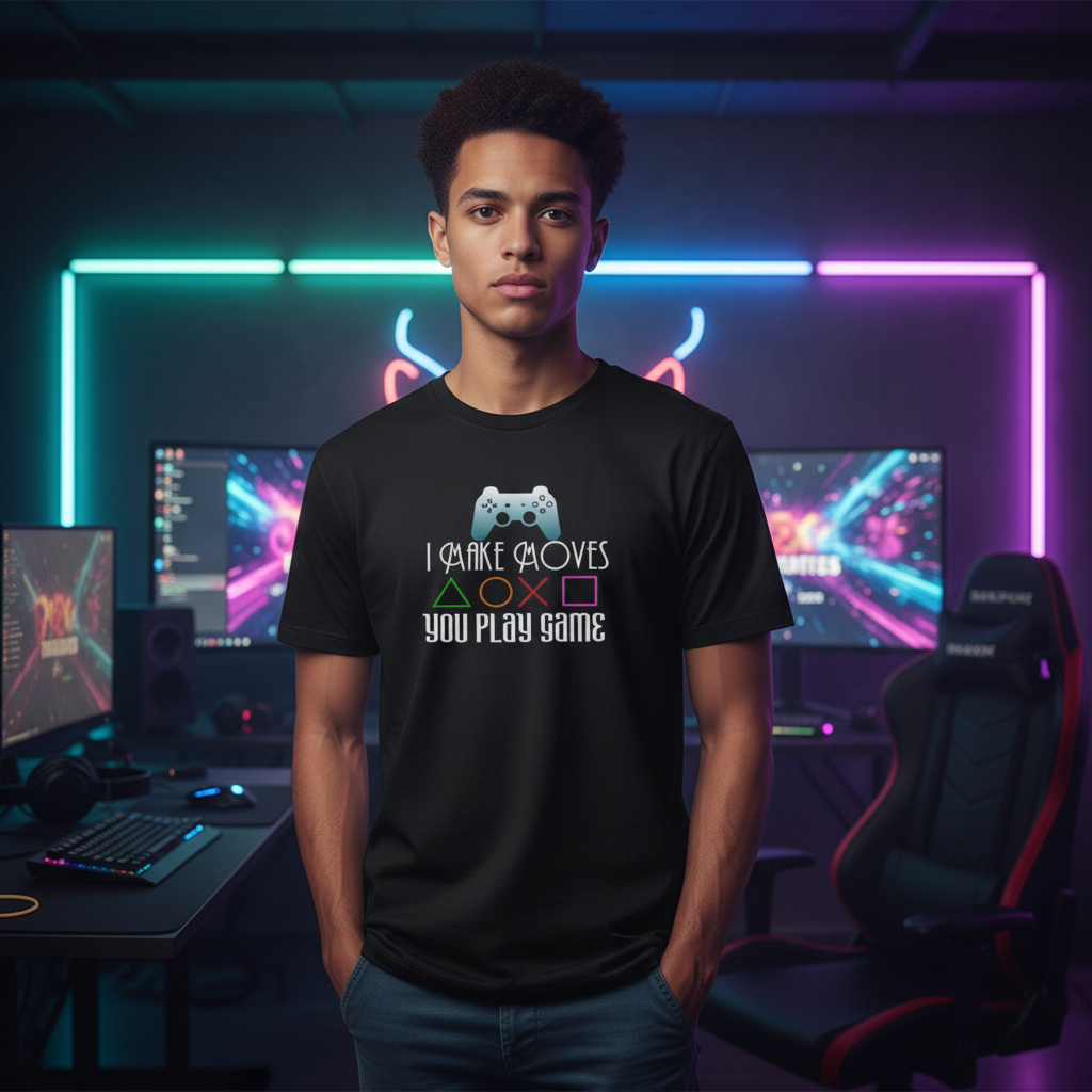 Unisex Gamer Graphic Tee With Controller Icon And Colorful Play Symbols Design For Gamers